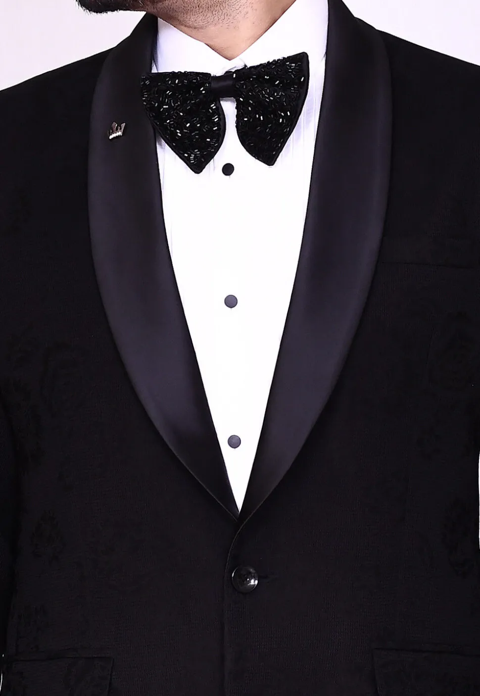 Woven Art Silk Jacquard Tuxedo in Black