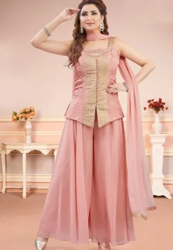 Woven Art Silk Jacquard Top Set in Peach