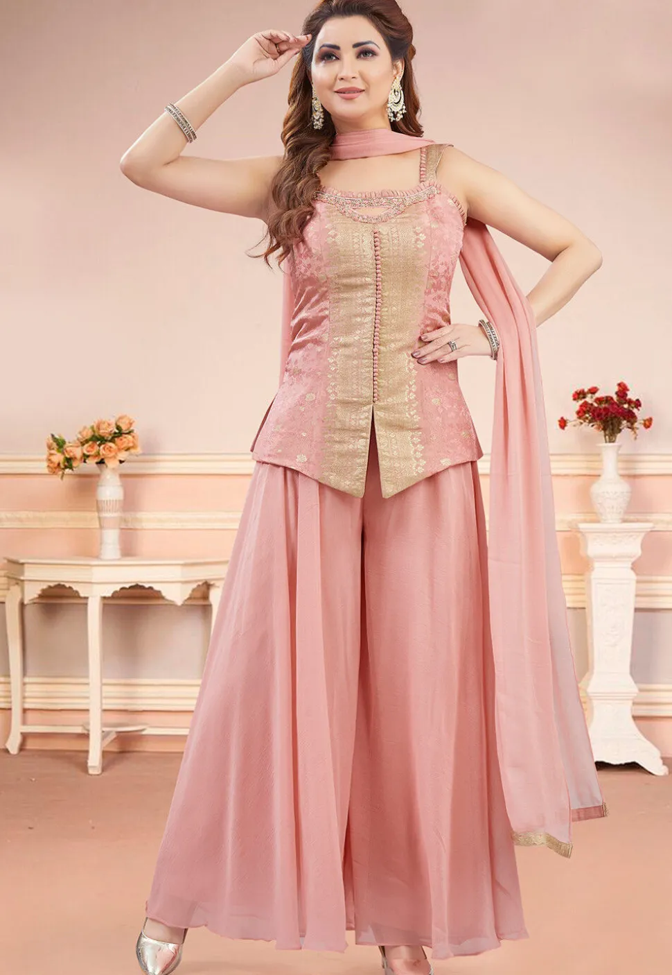 Woven Art Silk Jacquard Top Set in Peach