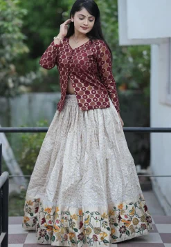 Woven Art Silk Jacquard Top Set in Maroon