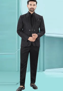 Woven Art Silk Jacquard Tuxedo in Black