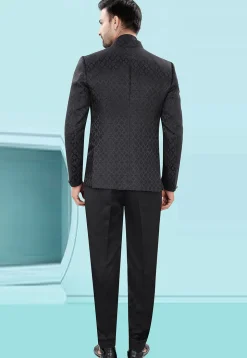 Woven Art Silk Jacquard Tuxedo in Black