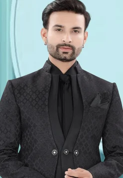Woven Art Silk Jacquard Tuxedo in Black