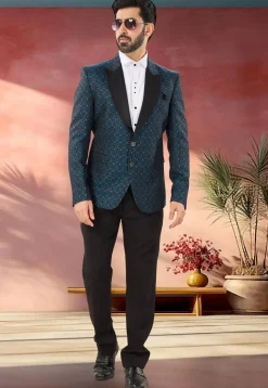 Woven Art Silk Jacquard Tuxedo in Blue