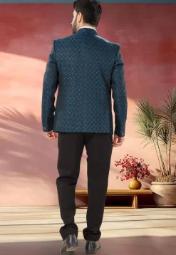 Woven Art Silk Jacquard Tuxedo in Blue