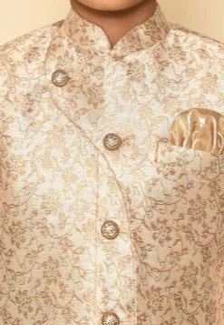 Woven Art Silk Jaquard Asymmetric Sherwani Set in Cream