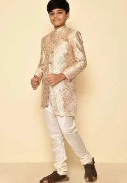 Woven Art Silk Jaquard Asymmetric Sherwani Set in Cream