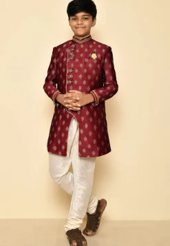 Woven Art Silk Jaquard Asymmetric Sherwani Set in Maroon