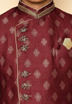 Woven Art Silk Jaquard Asymmetric Sherwani Set in Maroon