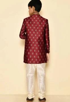 Woven Art Silk Jaquard Asymmetric Sherwani Set in Maroon