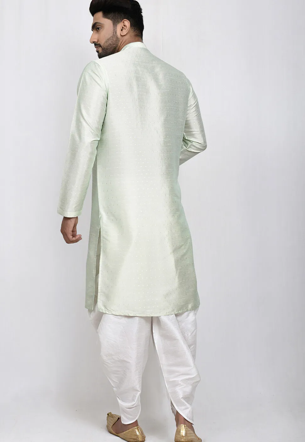 Woven Art Silk Jaquard Kurta Set in Pastel Green
