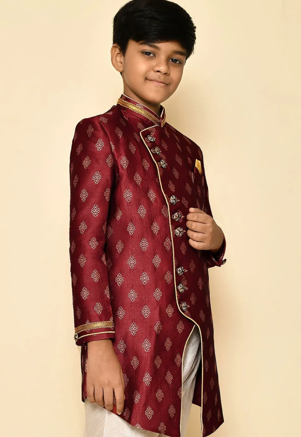 Woven Art Silk Jaquard Kurta in Maroon