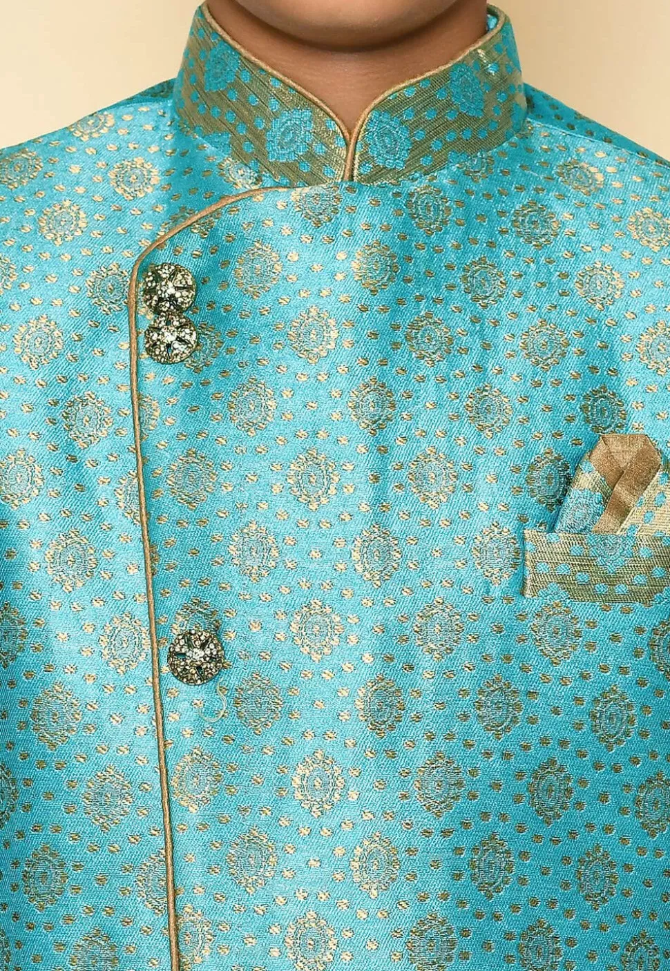 Woven Art Silk Jaquard Sherwani Set in Sky Blue