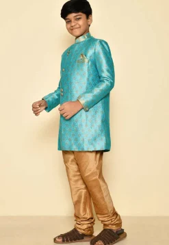 Woven Art Silk Jaquard Sherwani Set in Sky Blue