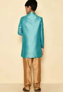 Woven Art Silk Jaquard Sherwani Set in Sky Blue
