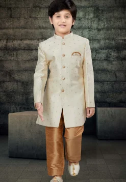 Woven Art Silk Jaquard Sherwani in Cream