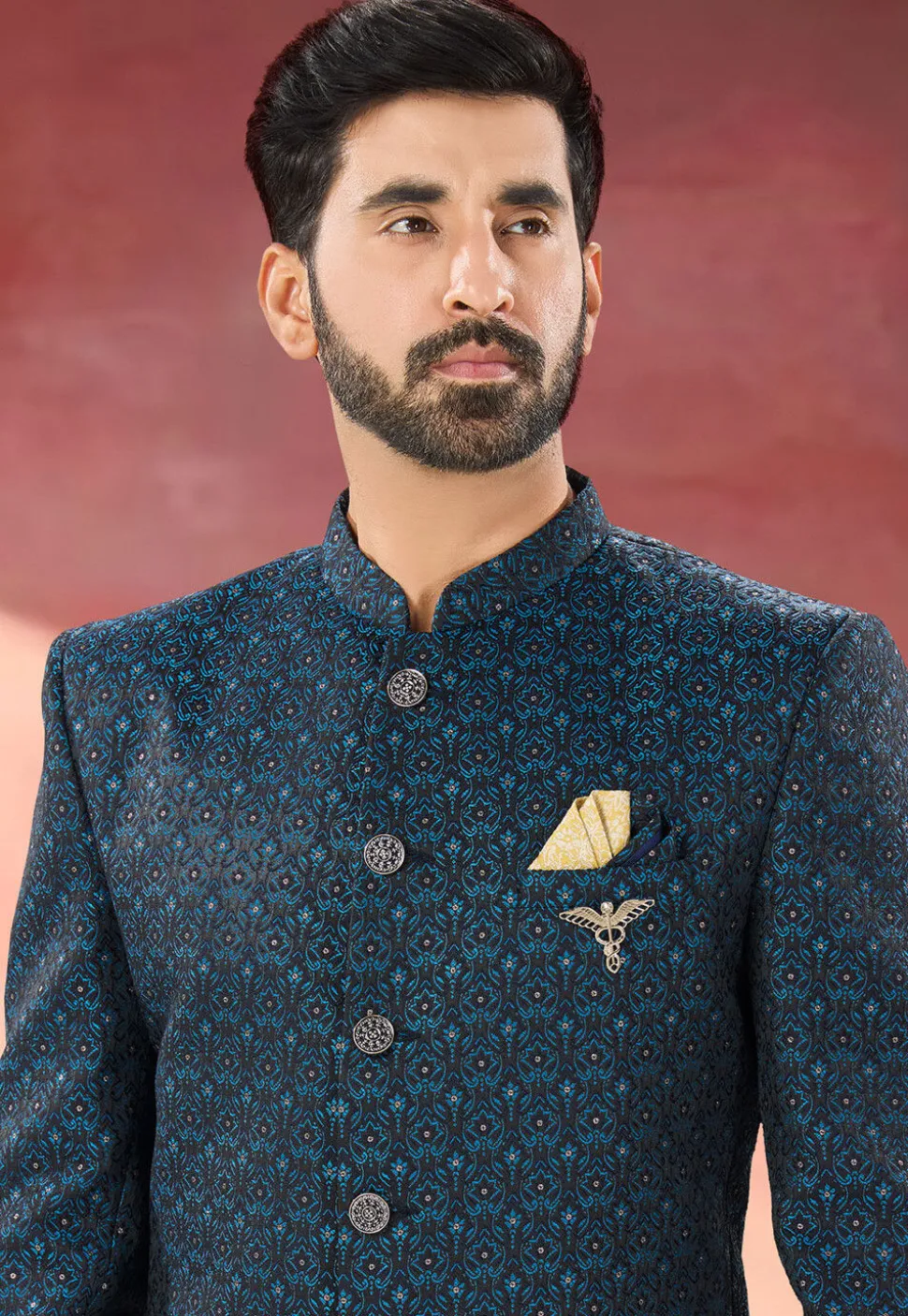Woven Art Silk Jodhpuri Suit in Blue