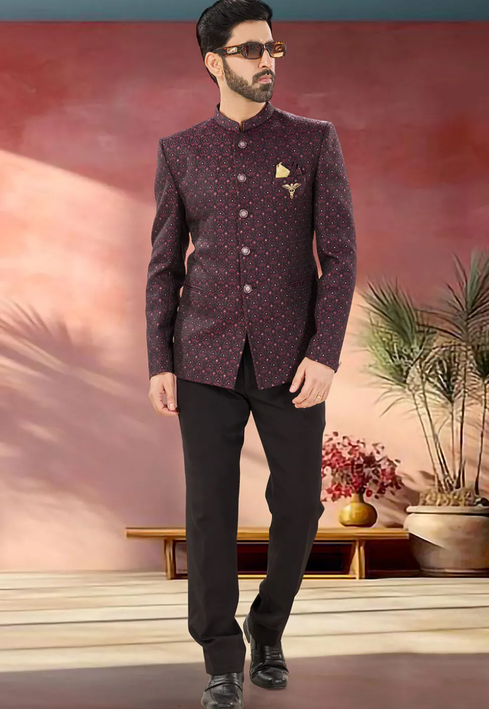 Woven Art Silk Jodhpuri Suit in Maroon