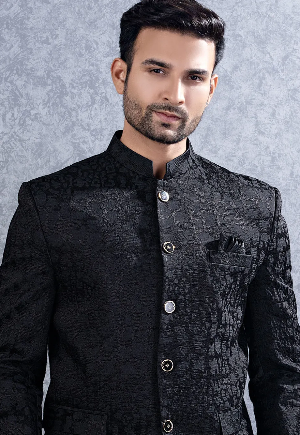 Woven Art Silk Jodhpuri Suit in Black
