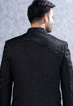 Woven Art Silk Jodhpuri Suit in Black
