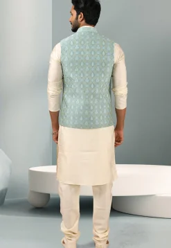 Woven Art Silk Kurta Jacket Set in Off White and Sky Blue