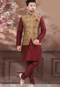 Woven Art Silk Kurta Jacket Set in Maroon and Dark Beige