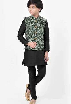 Woven Art Silk Kurta Jacket Set in Black