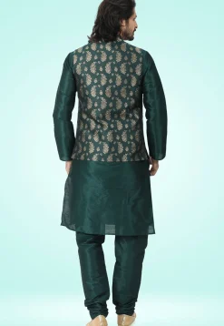 Woven Art Silk Kurta Jacket Set in Dark Green