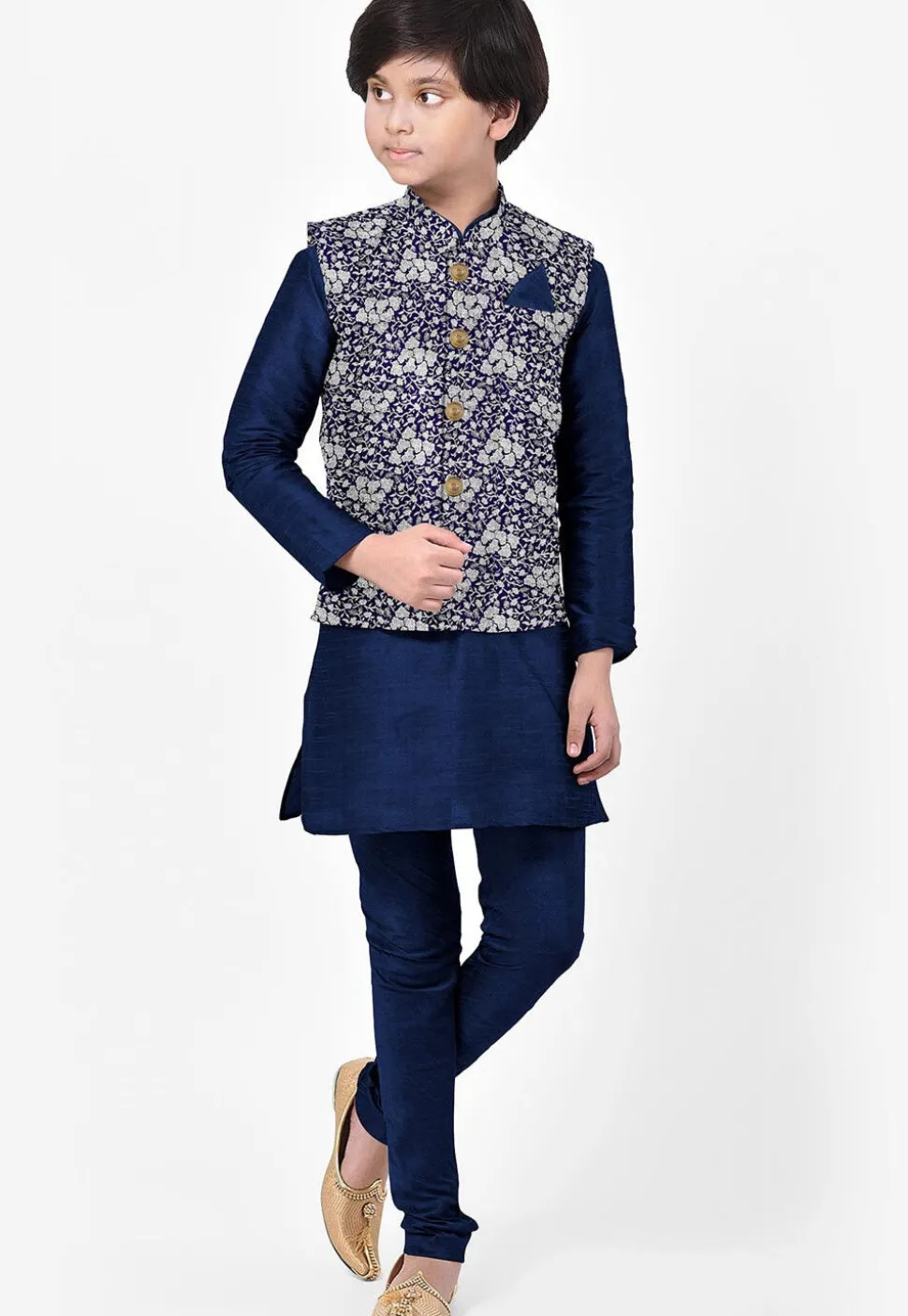 Woven Art Silk Kurta Jacket Set in Royal Blue