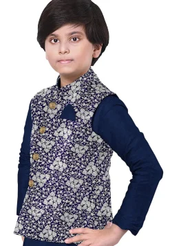 Woven Art Silk Kurta Jacket Set in Royal Blue