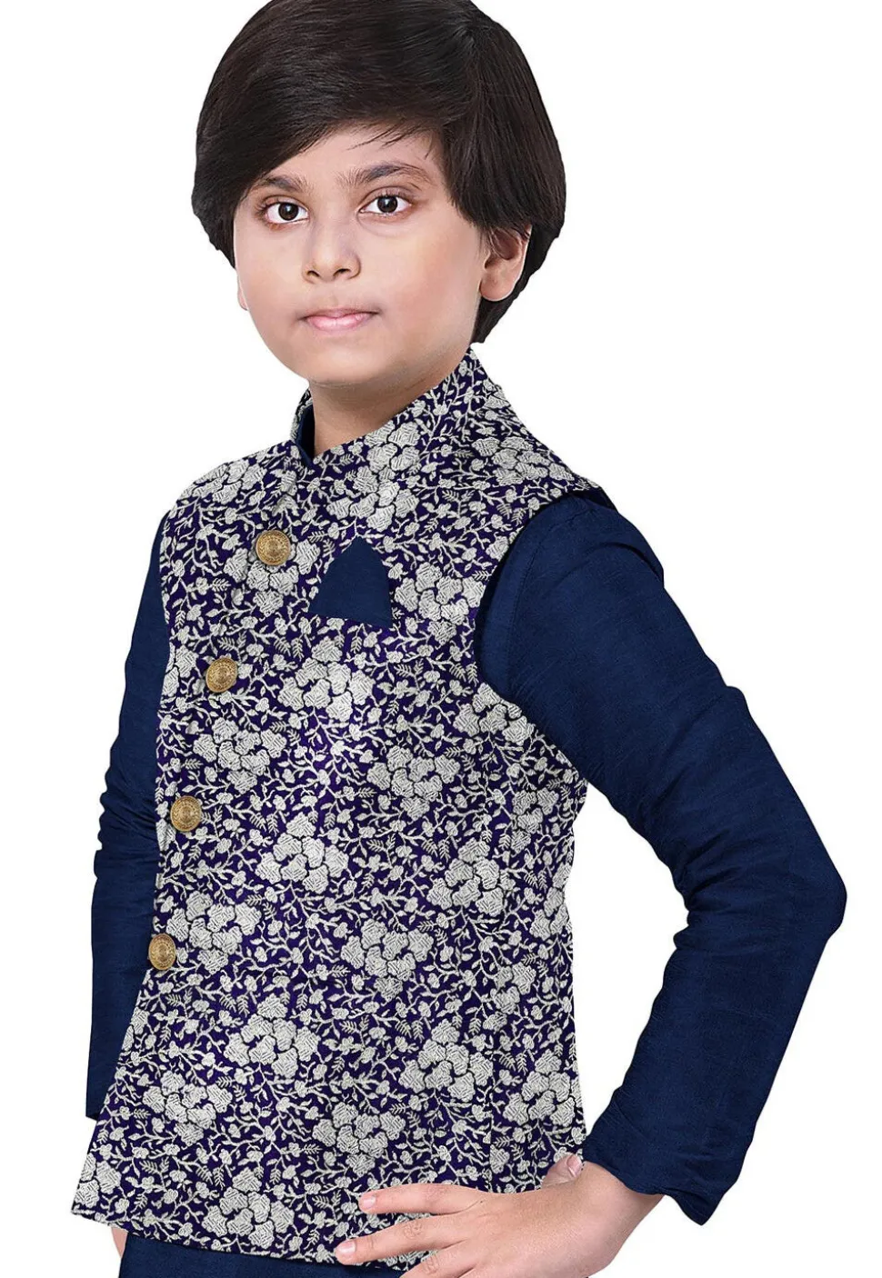 Woven Art Silk Kurta Jacket Set in Royal Blue