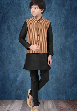 Woven Art Silk Kurta Jacket Set in Black and Peach