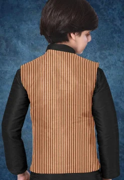 Woven Art Silk Kurta Jacket Set in Black and Peach