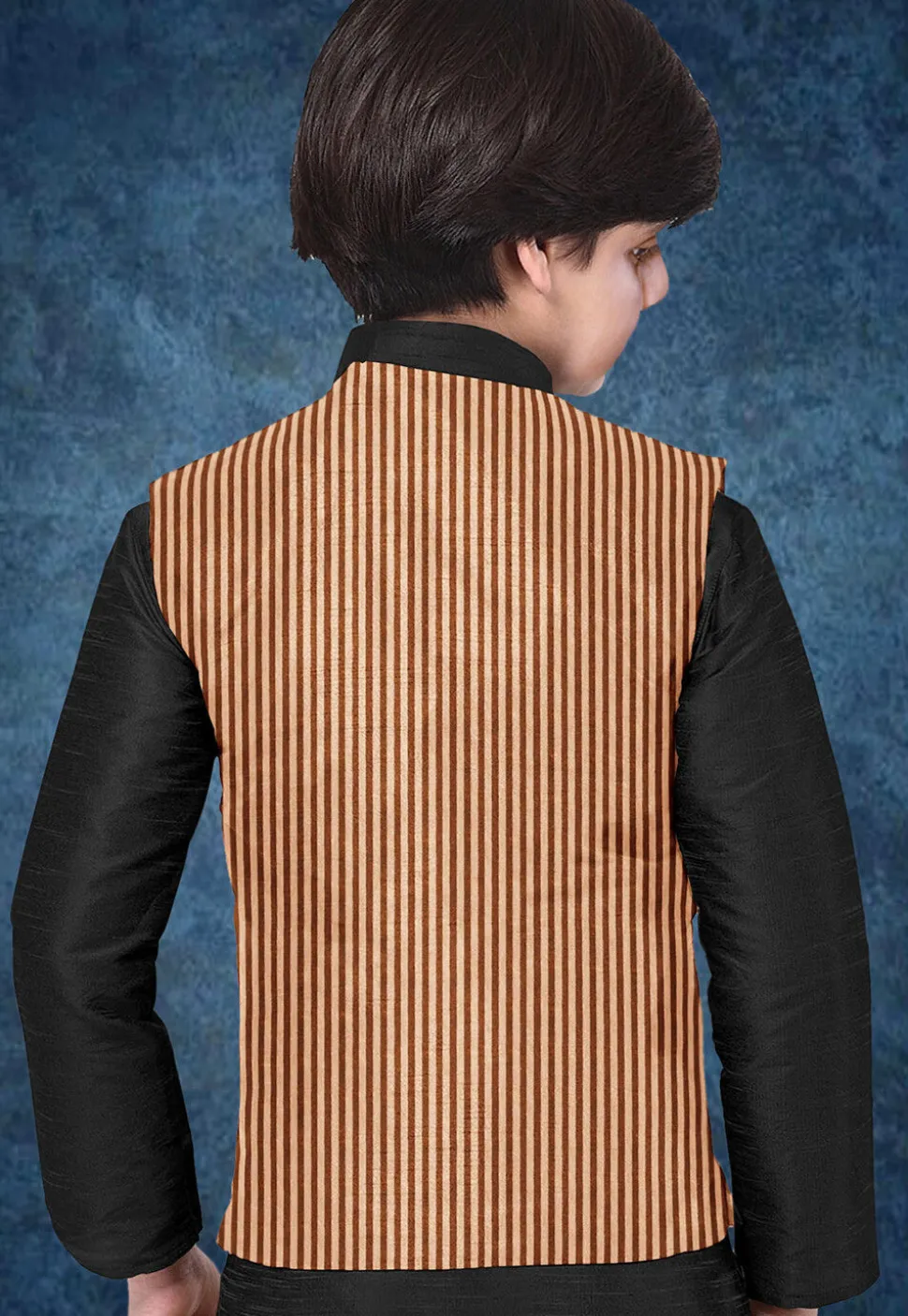 Woven Art Silk Kurta Jacket Set in Black and Peach
