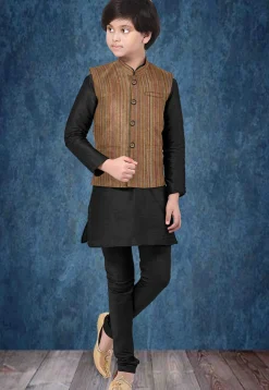 Woven Art Silk Kurta Jacket Set in Black and Brown