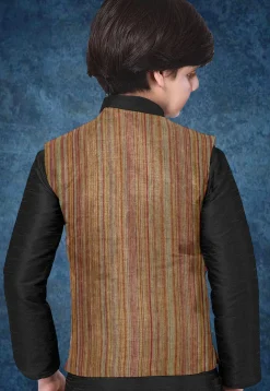Woven Art Silk Kurta Jacket Set in Black and Brown