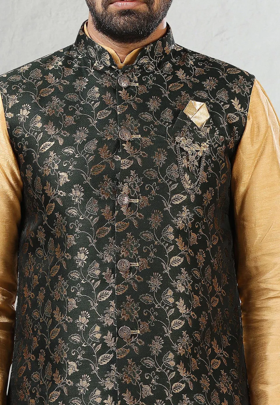 Woven Art Silk Kurta Jacket Set in Beige and Dark Green