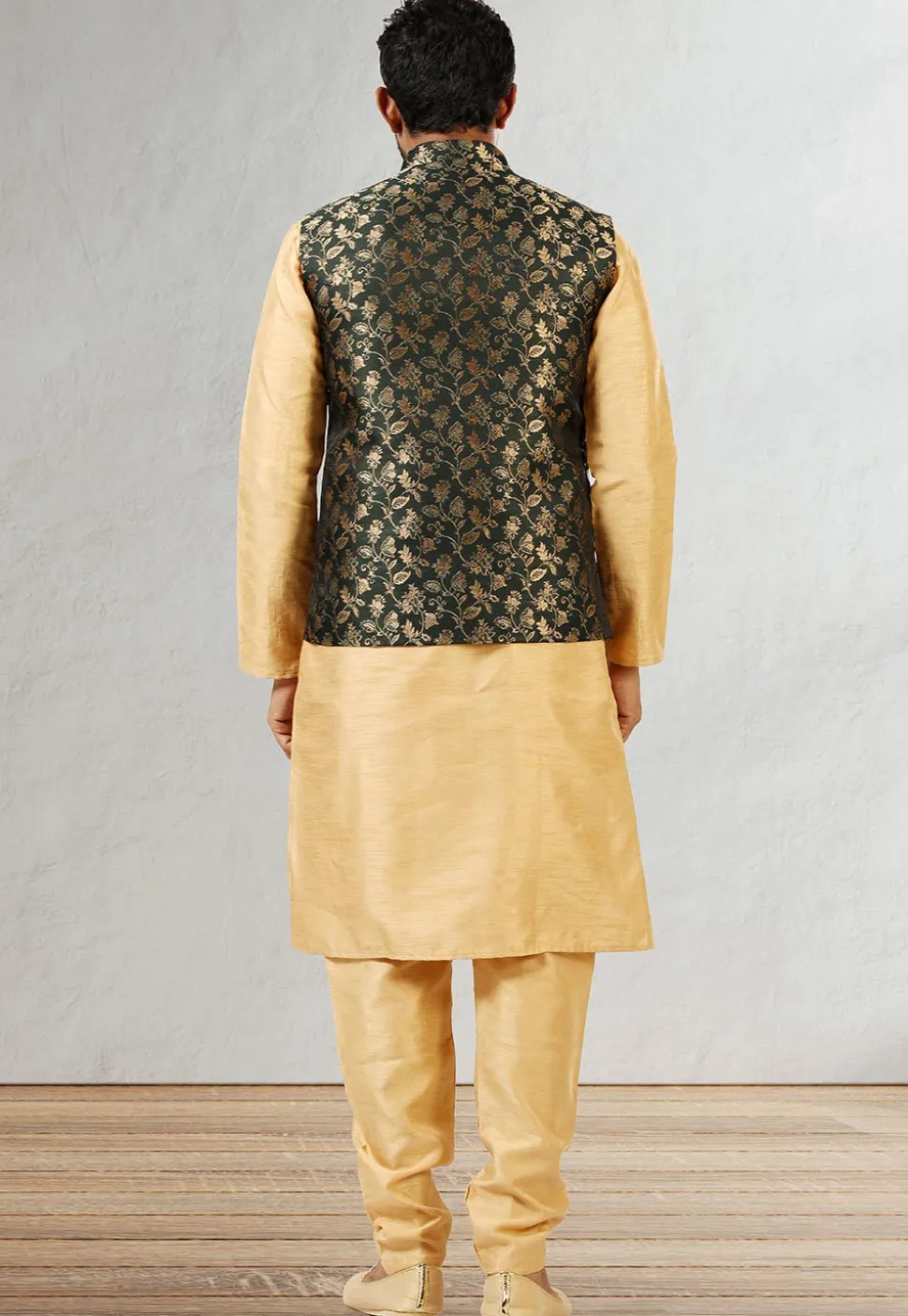 Woven Art Silk Kurta Jacket Set in Beige and Dark Green
