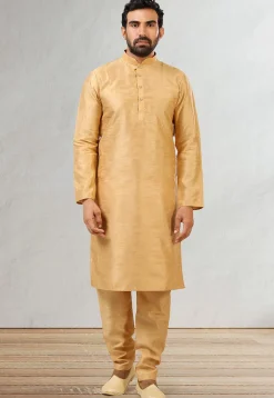 Woven Art Silk Kurta Jacket Set in Beige and Dark Green