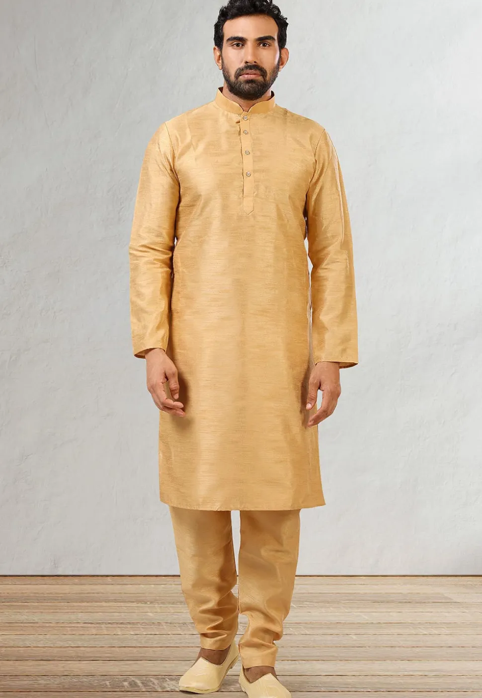 Woven Art Silk Kurta Jacket Set in Beige and Dark Green