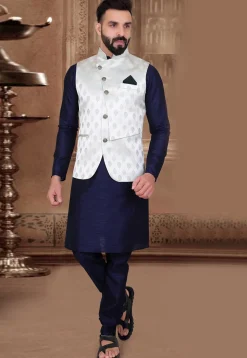 Woven Art Silk Kurta Jacket Set in Navy Blue and White