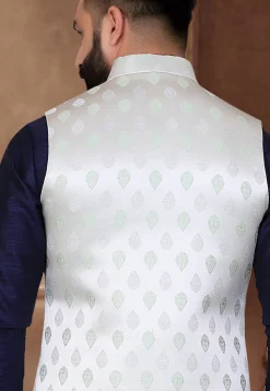 Woven Art Silk Kurta Jacket Set in Navy Blue and White