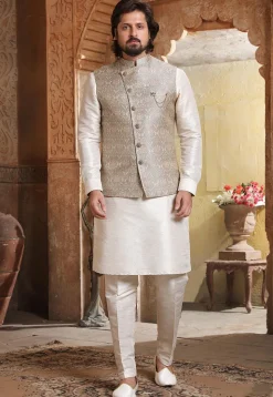 Woven Art Silk Kurta Jacket Set in Off White and Grey