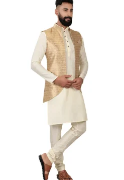 Woven Art Silk Kurta Jacket Set in Cream and Golden