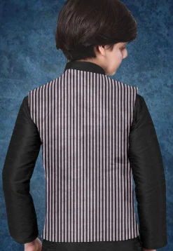 Woven Art Silk Kurta Jacket Set in Black and Purple