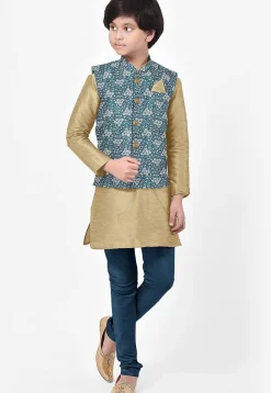Woven Art Silk Kurta Jacket Set in Beige