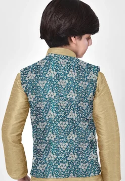 Woven Art Silk Kurta Jacket Set in Beige