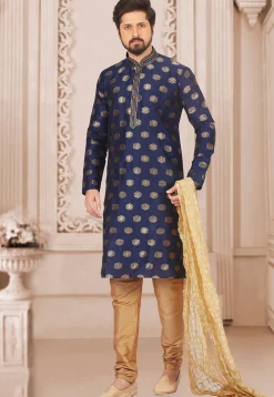 Woven Art Silk Kurta Set in Blue