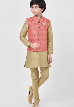 Woven Art Silk Kurta Set in Beige and Pink