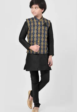 Woven Art Silk Kurta Set in Black